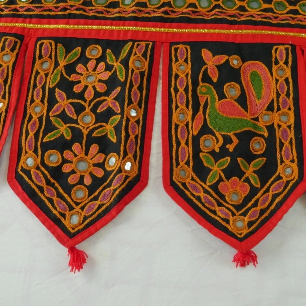 Vintage Indian Toran Door Hanging Shisha Mirror Peacock Embroidery Whimsical
